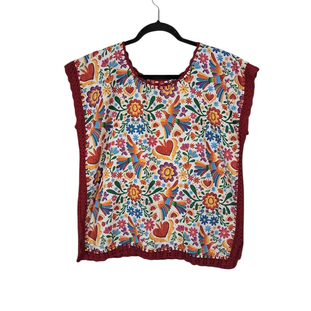 Mexican Crochet Top Medium Colorful Artsy Hand Made Hippie Peasant Blouse Boxy